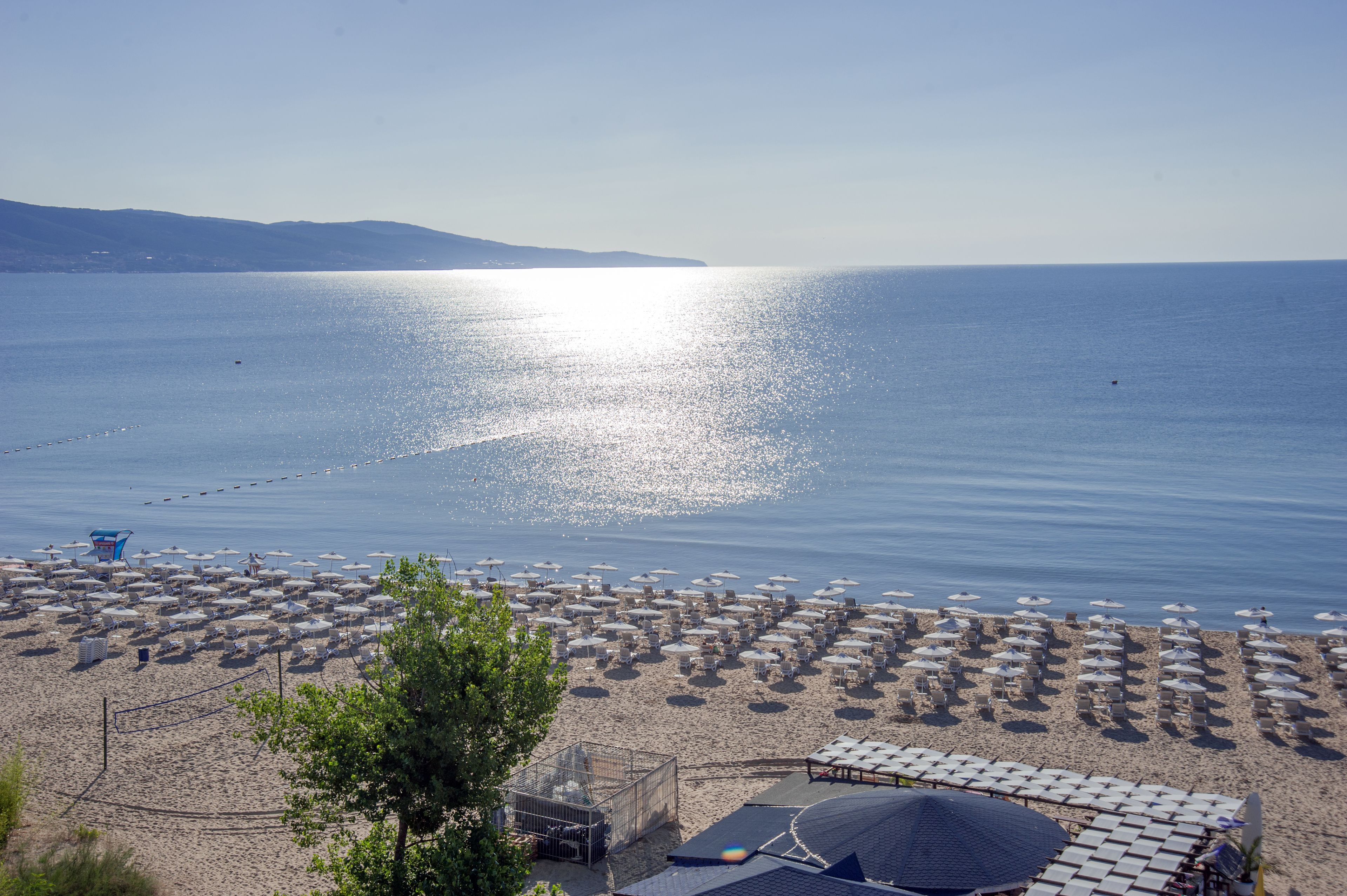 在海滩、沙滩椅、海滩遮阳伞