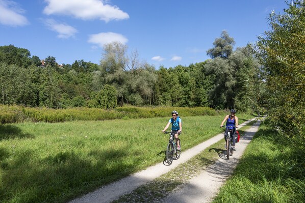 Two cyclists on a paved path surrounded by lush greenery and trees. - Hotel Alter Wirt (Hallbergmoos)