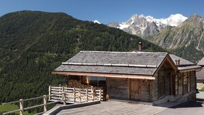 Eine Holzhütte mit einer Holzdiele und Blick auf schneebedeckte Berge.