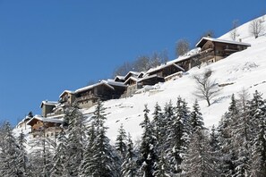 A row of wooden chalets on a snowy slope with clear blue skies. - Montagne Alternative (Orsieres)