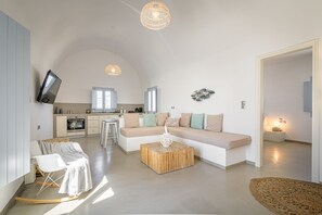 Exclusive Villa, 1 Bedroom (2) | Living area | 50-inch flat-screen TV with satellite channels, TV, Netflix - DS Traditional Villas Santorini Island (Santorini)