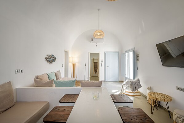 Exclusive Villa, 1 Bedroom (2) | Living area | 50-inch flat-screen TV with satellite channels, TV, Netflix - DS Traditional Villas Santorini Island (Santorini)