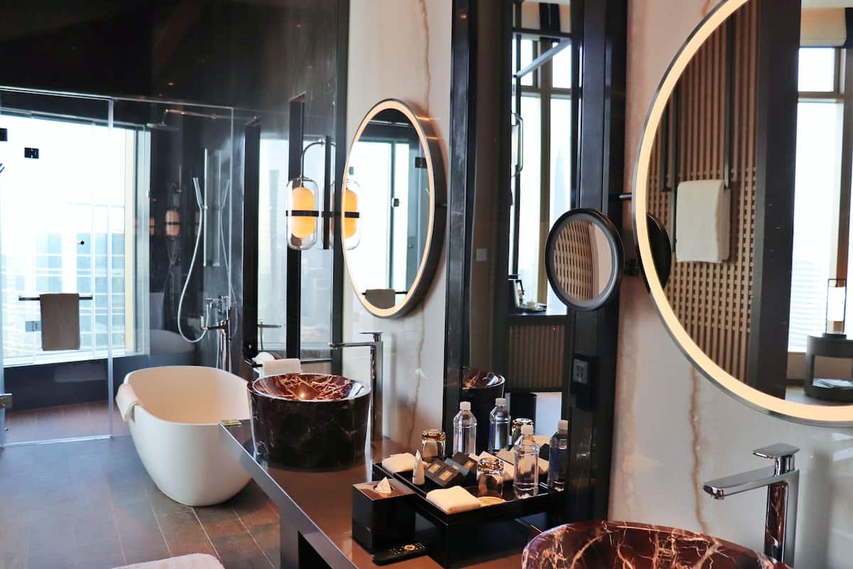 deluxe suite | bathroom | separate bathtub and shower, rainfall showerhead, designer toiletries