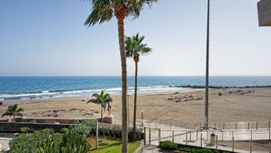 A beach view with palm trees, a sandy beach, and the ocean. - Apartamentos Los Papagayos (San Bartolomé de Tirajana)