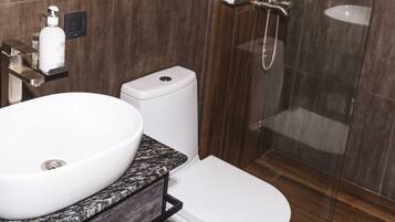 A modern bathroom with a large white sink, a toilet, and a glass-enclosed shower area.