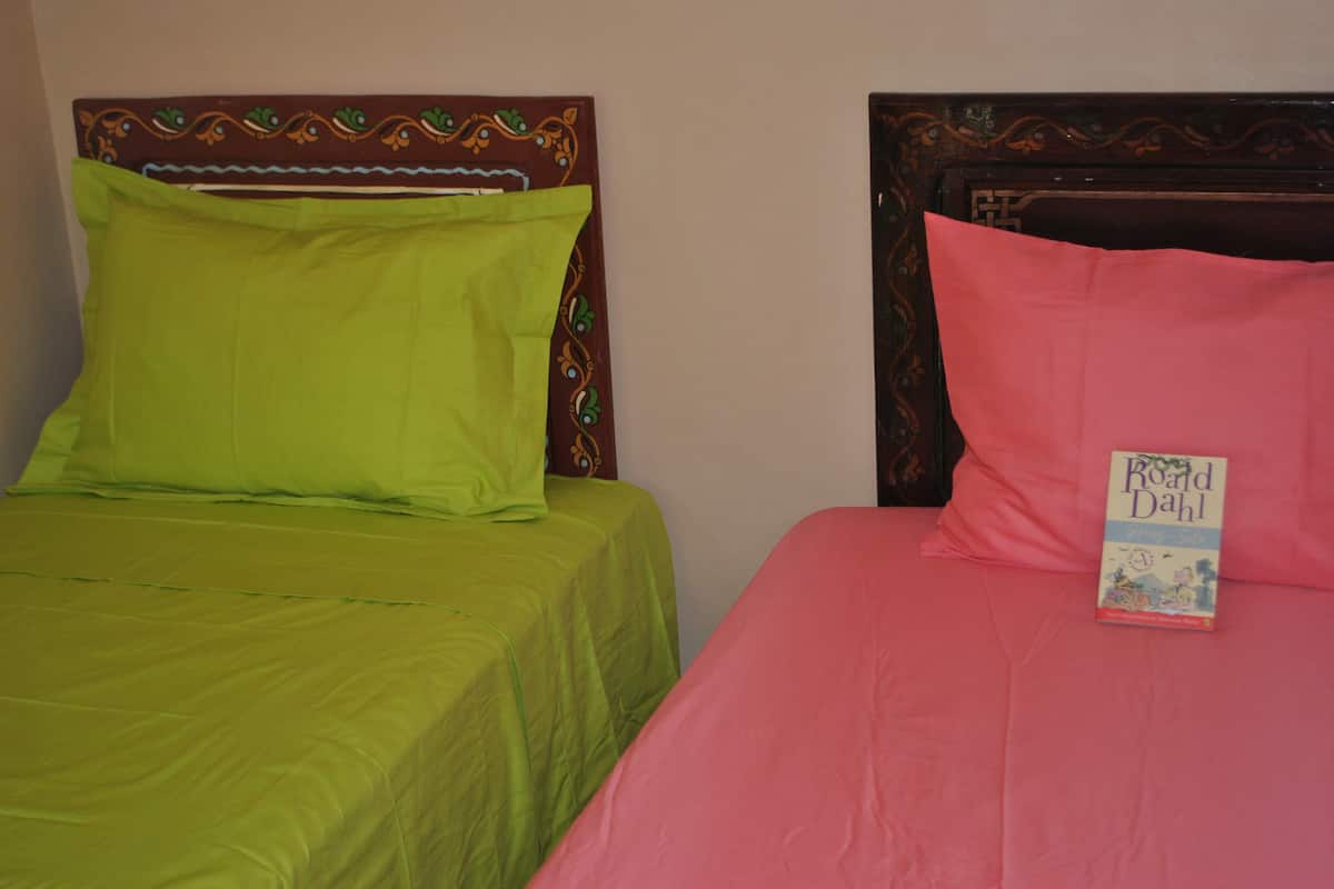 Two beds with green and pink bedding, a book titled 'Road Dahl' on the pink bed.