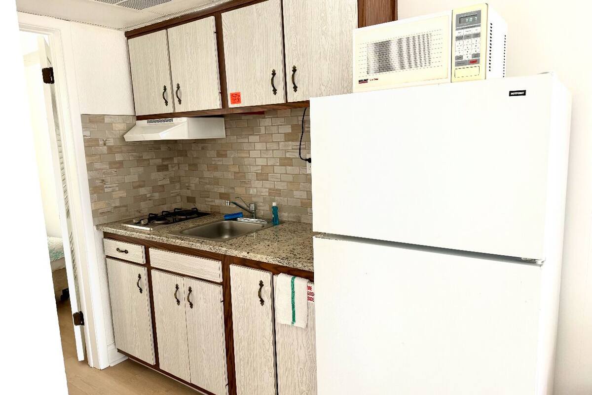 full-sized fridge, microwave, stovetop