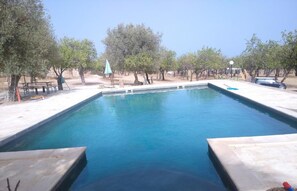 Piscina externa sazonal, guarda-sóis, espreguiçadeiras