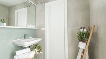 A bathroom with a white sink, mirror, and a potted plant on a shelf.