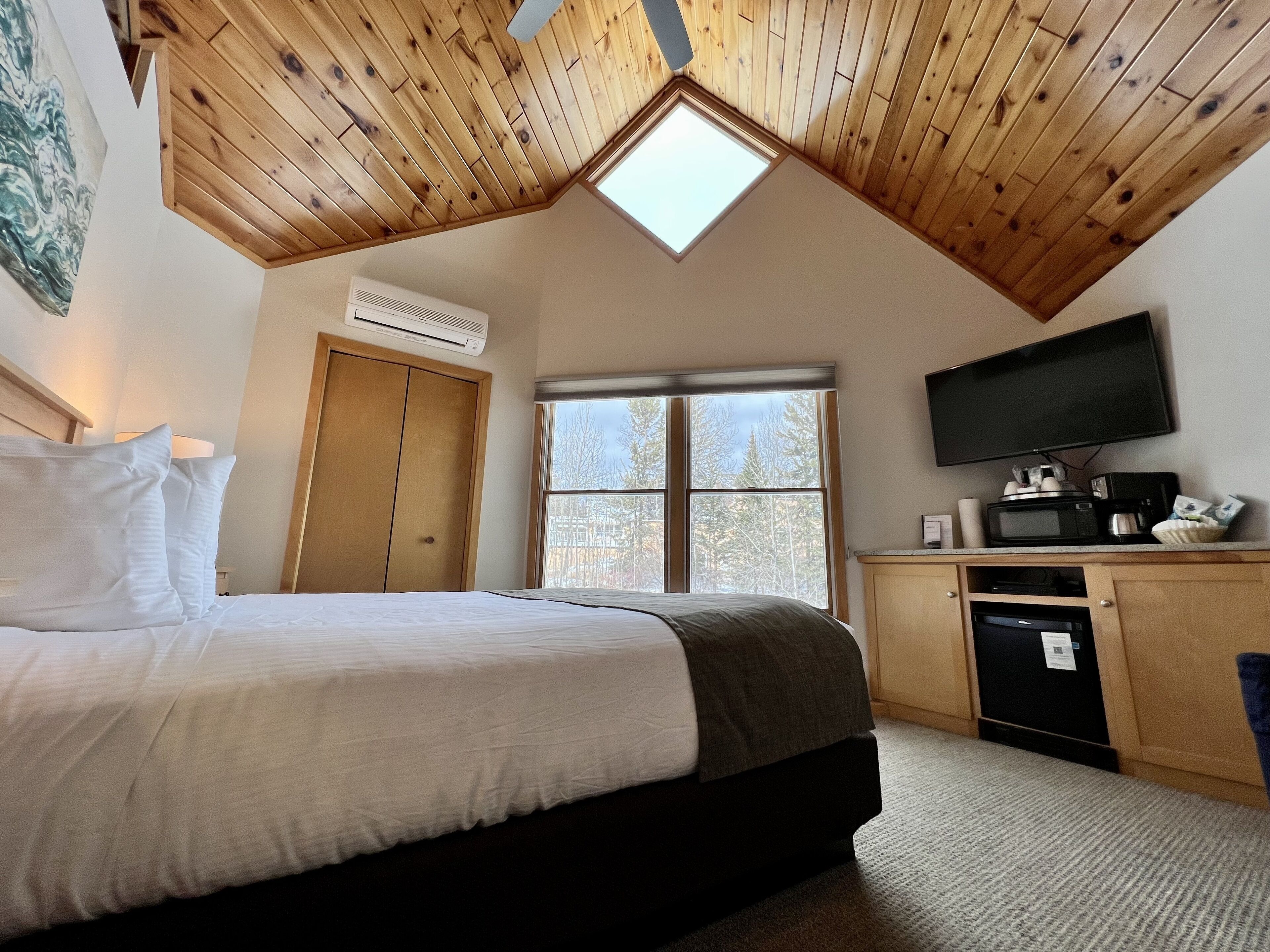 A bedroom with a bed, a window, a TV, and a kitchenette.