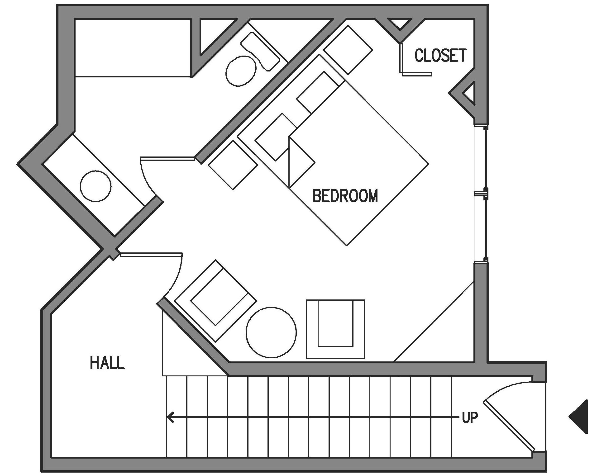 Un plan d’étage comprenant une chambre, un placard et un couloir.