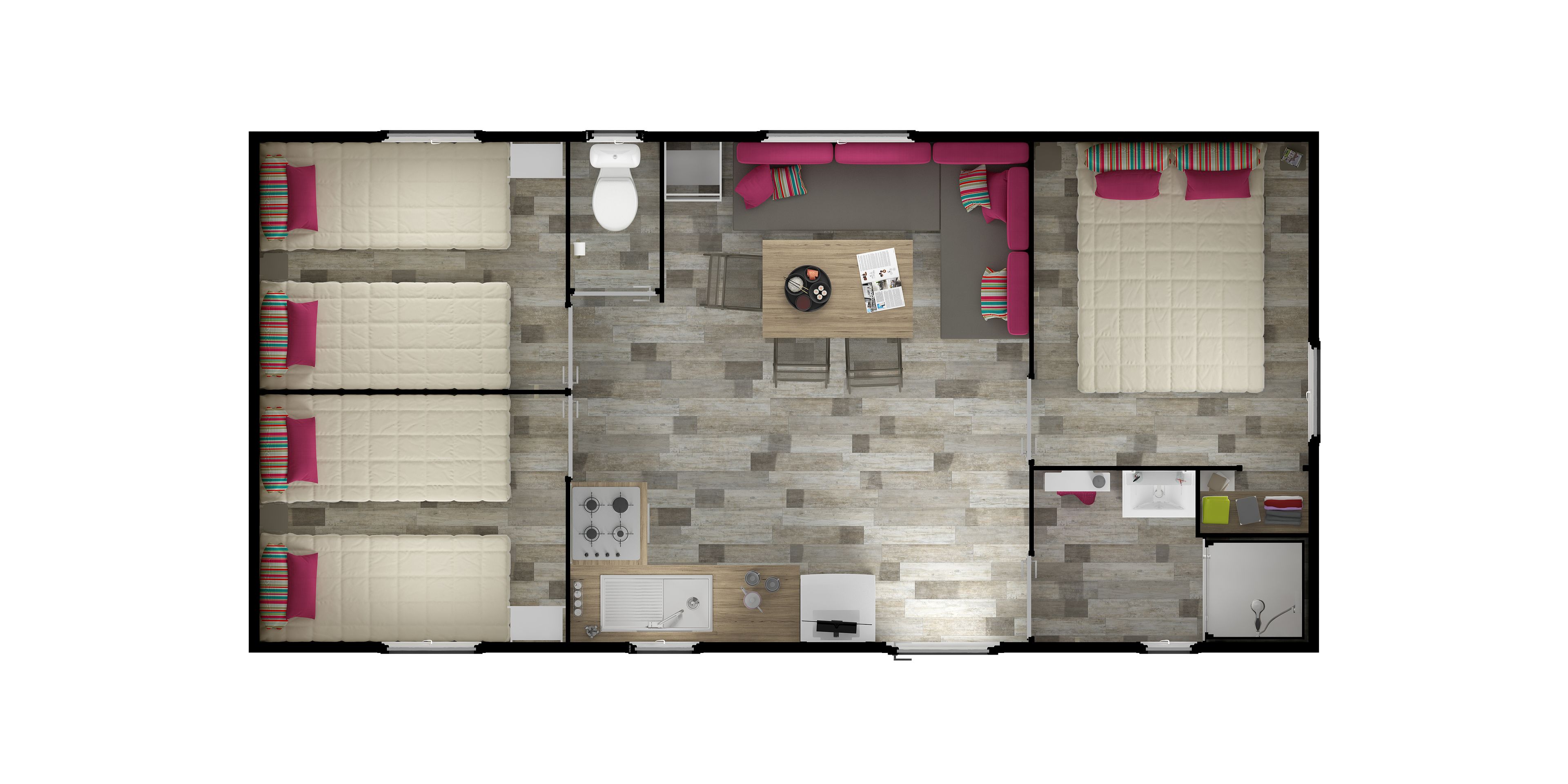 Un plan d’étage d’une chambre d’hôtel comprenant un lit, une petite kitchenette, une salle de bain et un coin salon.