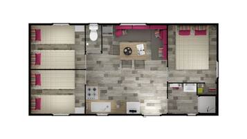 Un plan d’étage d’une chambre d’hôtel comprenant un lit, une petite kitchenette, une salle de bain et un coin salon.