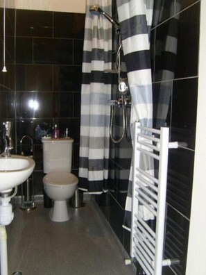 Chuveiro, secador de cabelo, toalhas de banho, sabonete