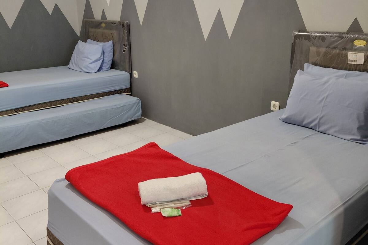 A hotel room with two beds, a red blanket on the left bed, and a grey wall with a mountain design.