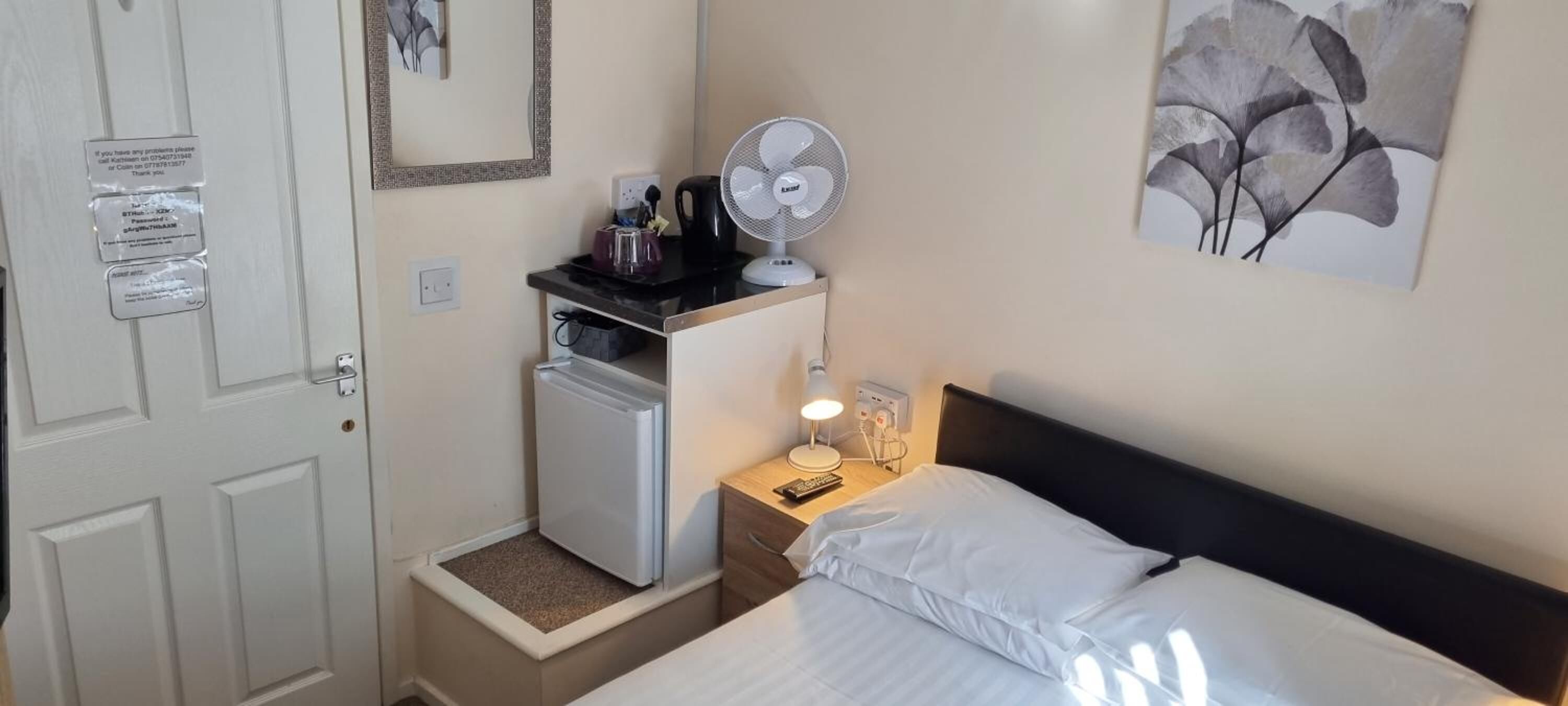 Una habitación de hotel con cama, una mesita de noche con lámpara, un refrigerador pequeño, un ventilador y un cuadro en la pared.