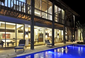 Outdoor pool, pool umbrellas, pool loungers