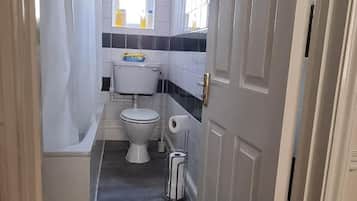 Combined shower/tub, hair dryer, towels, soap