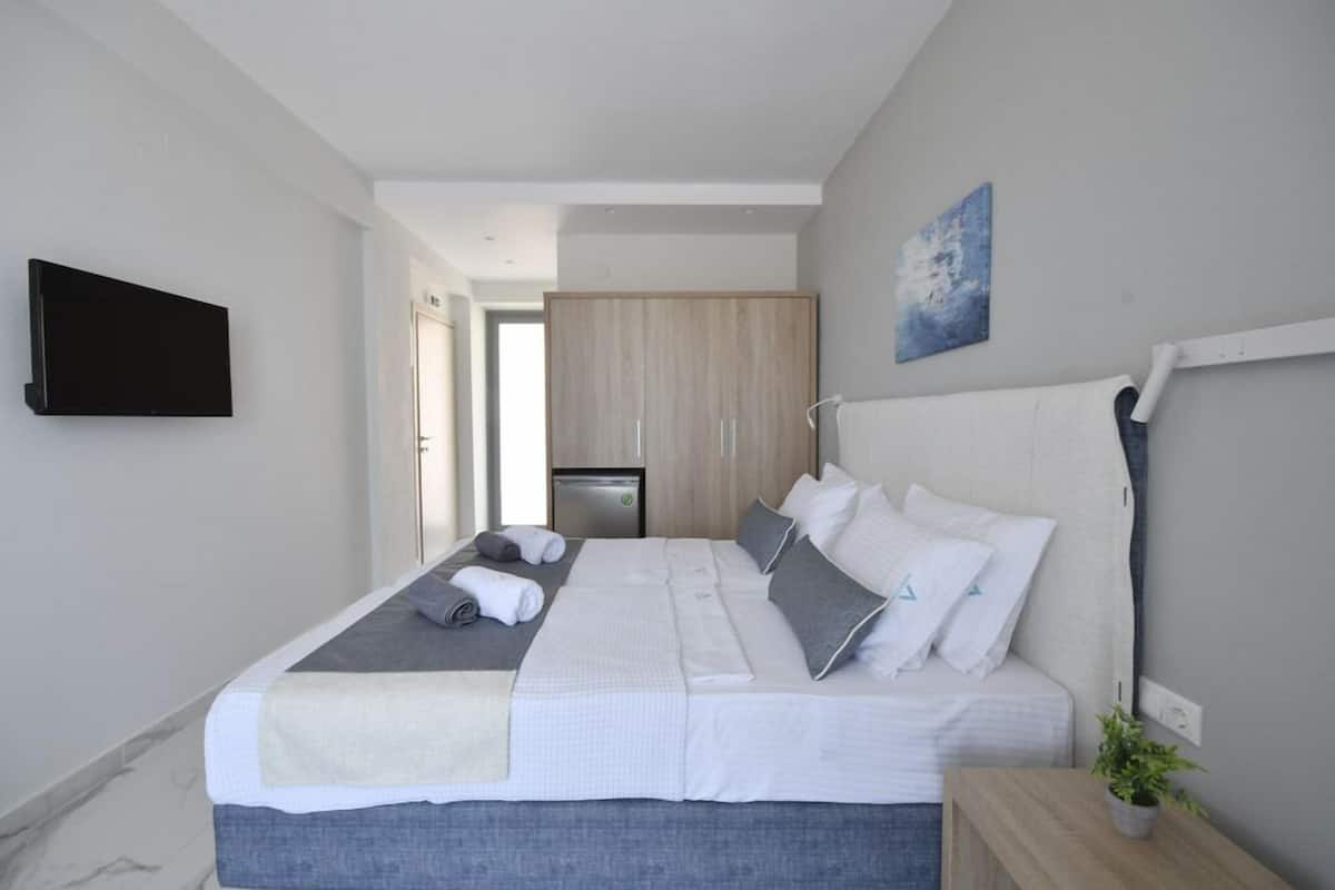 A modern hotel room with a large bed, a flat-screen TV mounted on the wall, a wooden wardrobe, and a small potted plant on the bedside table.