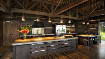 Villa | Private kitchen | Full-sized fridge, microwave, oven, dishwasher