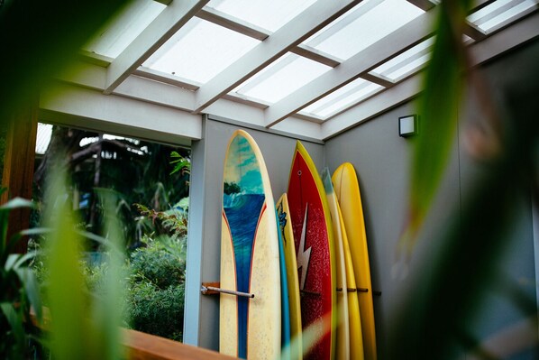 A room with a skylight, a surfboard rack, and a view of greenery outside.