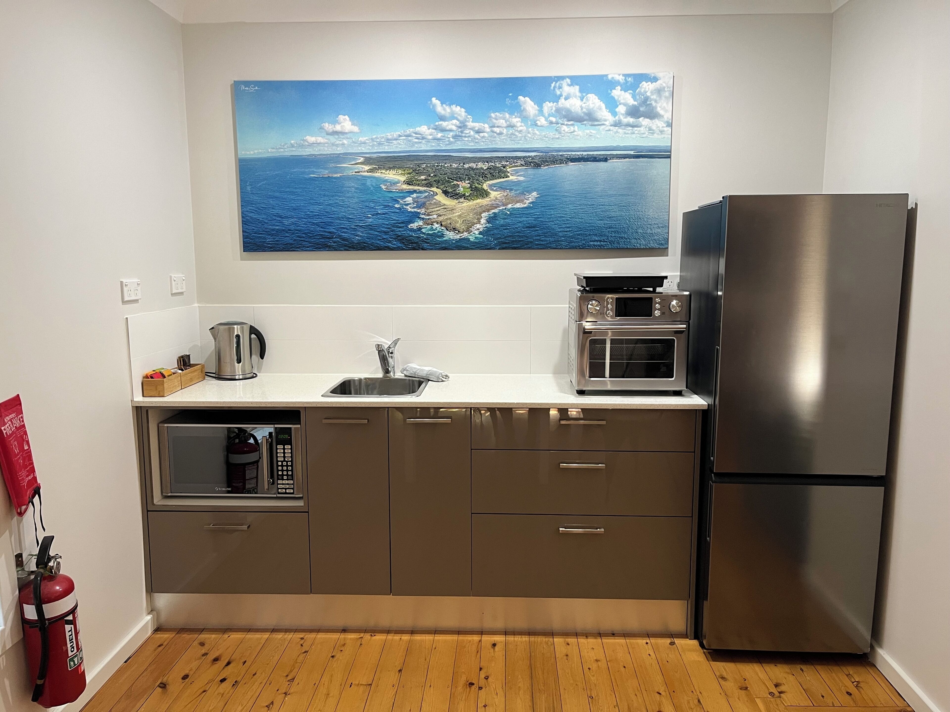 Fridge, microwave, oven, electric kettle