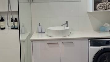 Shower, hair dryer, bidet, towels