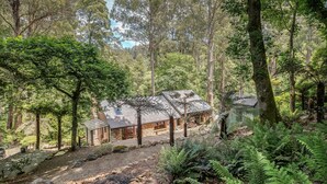 Ein abgelegenes Blockhaus, umgeben von dichtem Wald, mit einer Schotterauffahrt zum Eingang.