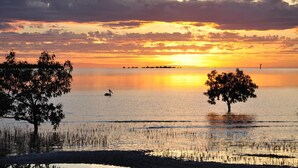 Un coucher de soleil sur un lac paisible, avec des arbres et un oiseau.