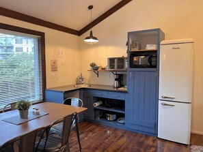 Fridge, microwave, coffee/tea maker, toaster oven