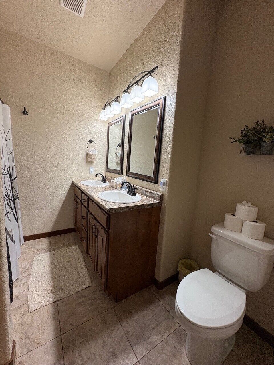 Une salle de bain avec un double lavabo, des toilettes et un rideau de douche.