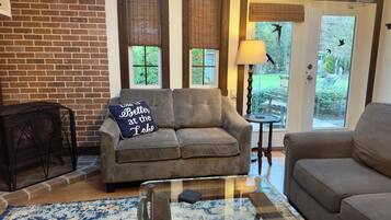 Smart TV, fireplace, books