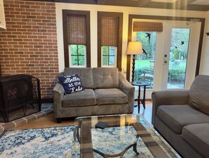 Smart TV, fireplace, books