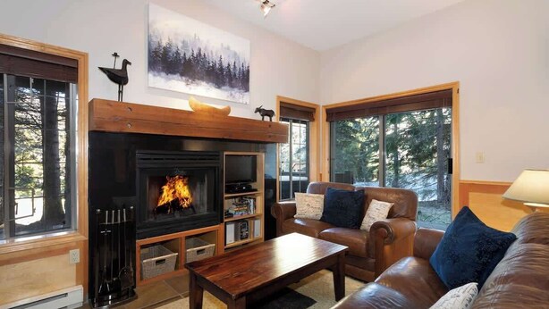 A cozy living room with a fireplace, leather sofa, and large windows offering a view of trees.