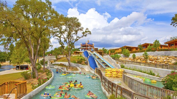 A water park with multiple slides and tubing areas.