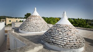 Two stone-roofed structures on a rooftop. - Trullo of Mariluna in Valle d'Itria (Selva di Fasano)