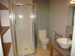 Regadera, secadora de cabello, toallas, jabón 