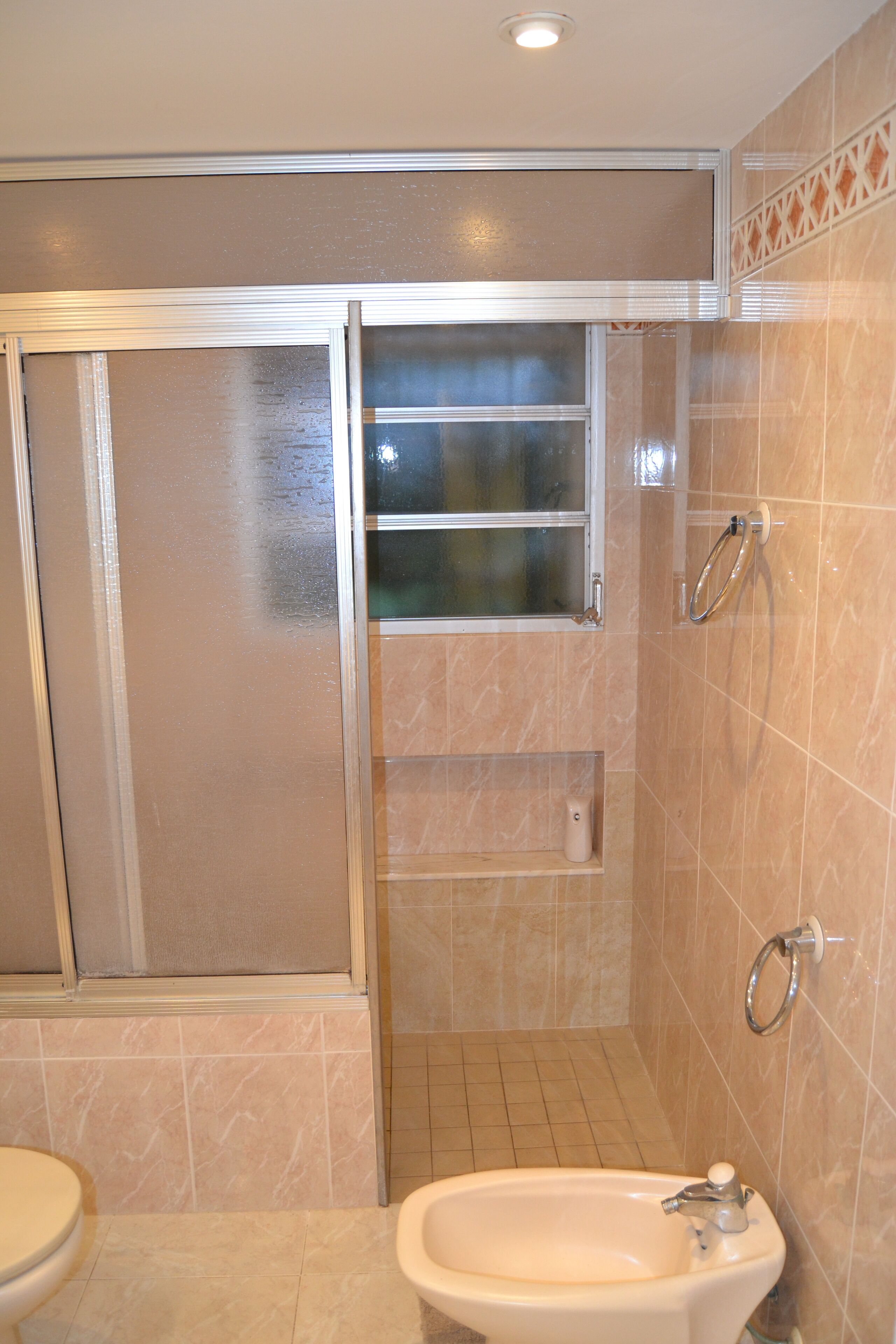 Een douche, een bidet, handdoeken, zeep