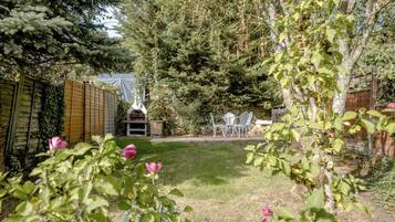 A garden with a stone wall, a wooden fence, and a barbecue area.