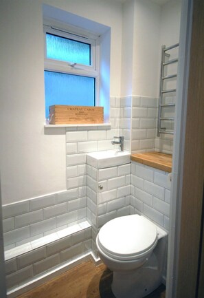 Shower, hair dryer, towels, toilet paper