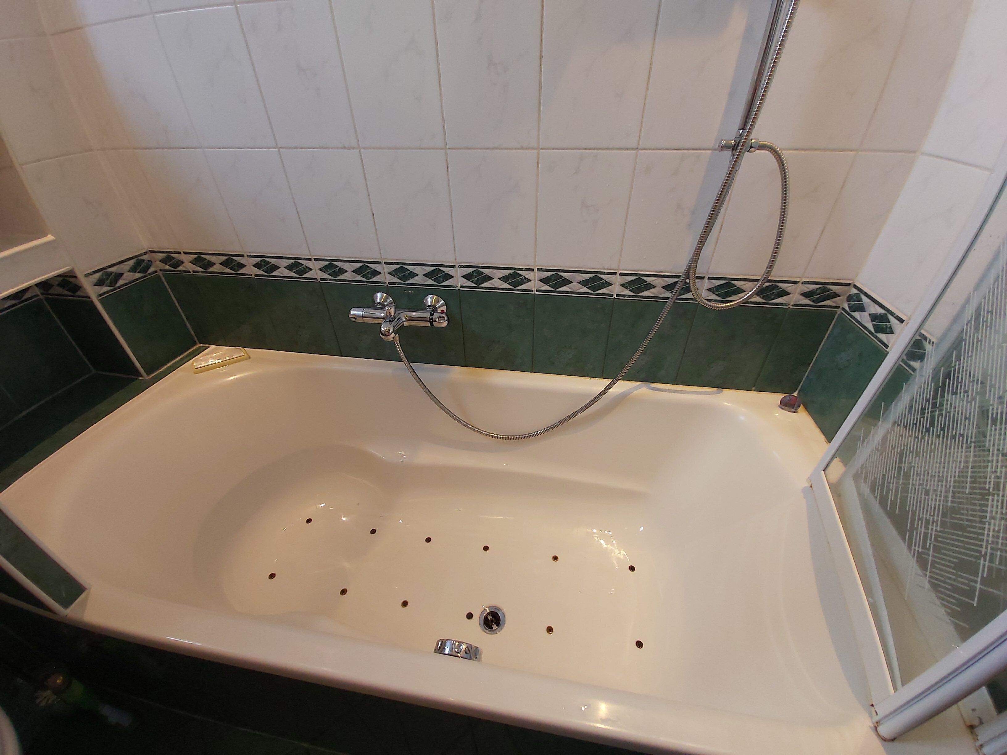 A bathtub with a shower head and a handheld shower hose.