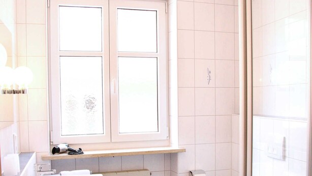 Un bagno con lavandino bianco, un water e una cabina doccia.
