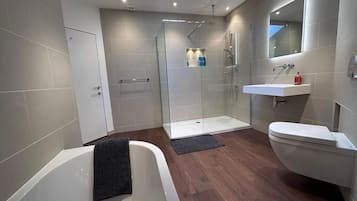 Combined shower/bathtub, hair dryer, towels, soap