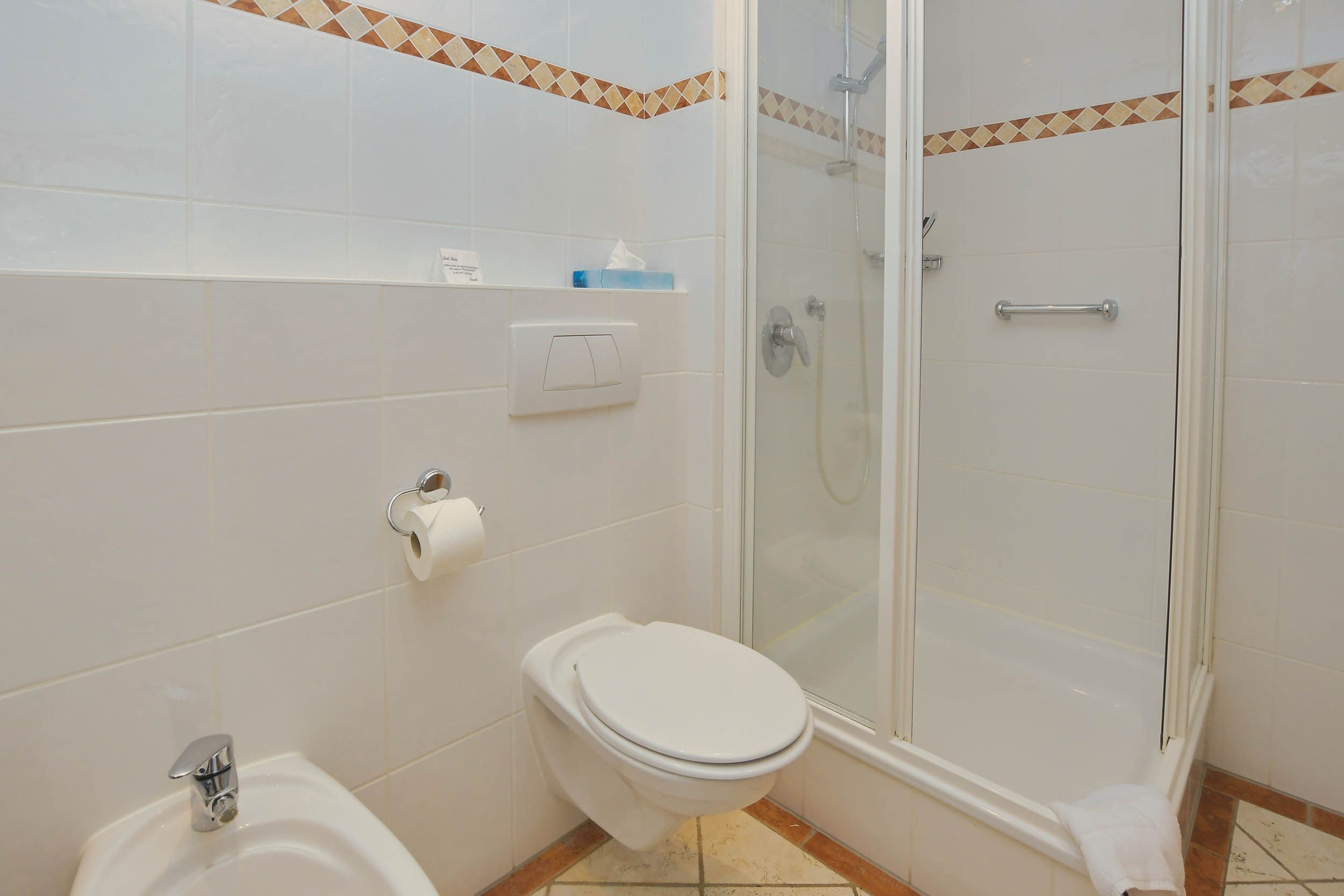 A bathroom with a toilet, bidet, and glass-enclosed shower.