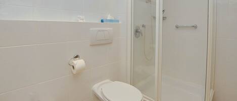 A bathroom with a toilet, bidet, and glass-enclosed shower.