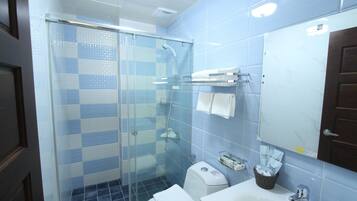 A bathroom with a glass shower enclosure, a white sink, and a mirror above the sink.