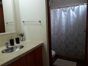 Hair dryer, towels, soap, toilet paper