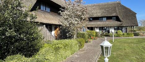 A traditional thatched-roof building with a paved pathway leading to it, surrounded by greenery.
