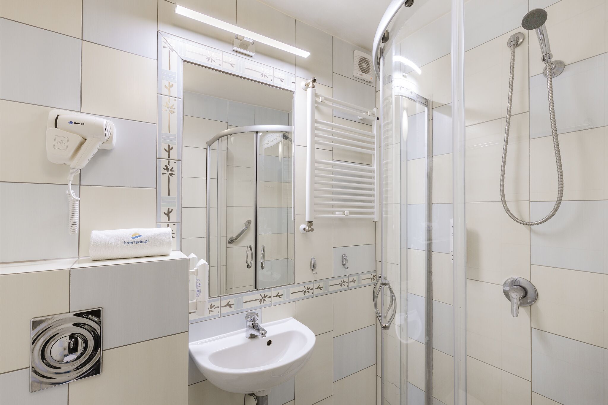 single room | bathroom | shower, rainfall showerhead, towels, soap