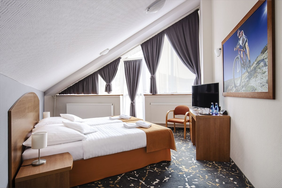 Ein Hotelzimmer mit Bett, Schreibtisch, Stuhl, Fernseher und einem Bild an der Wand.